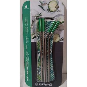 Stainless Steel Reusable Drinking Straws 6 Piece Set Brush Carry Case Gift Green
